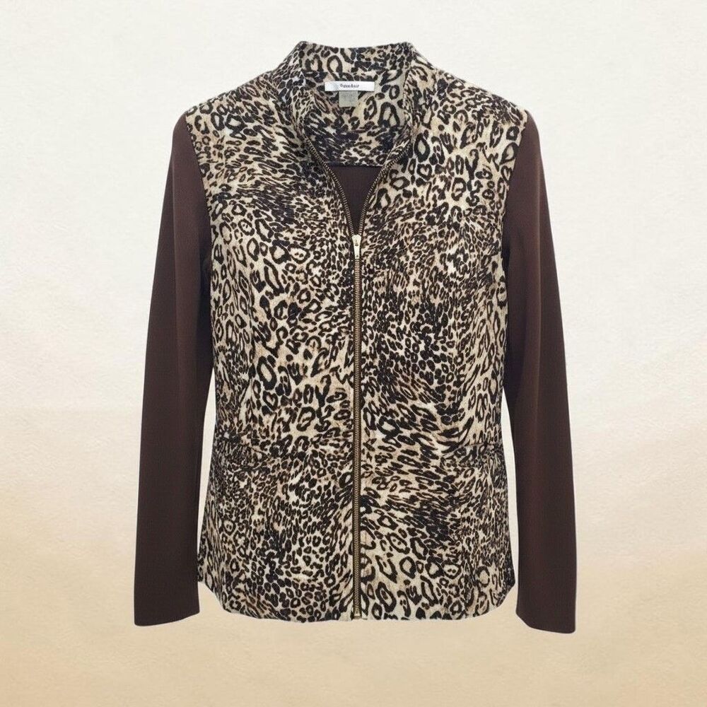 TanJay Animal Print Sweater Jacket Womens Large Brown Tan Full Zip Safari Y2K